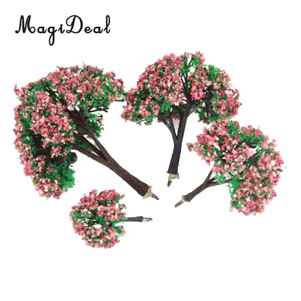 MagiDeal 4Pcs/Lot Plastic Scenery Landscape Model Trees with Peach Flowers for Railroad Layout Garden Decor Doll Weddings Trees