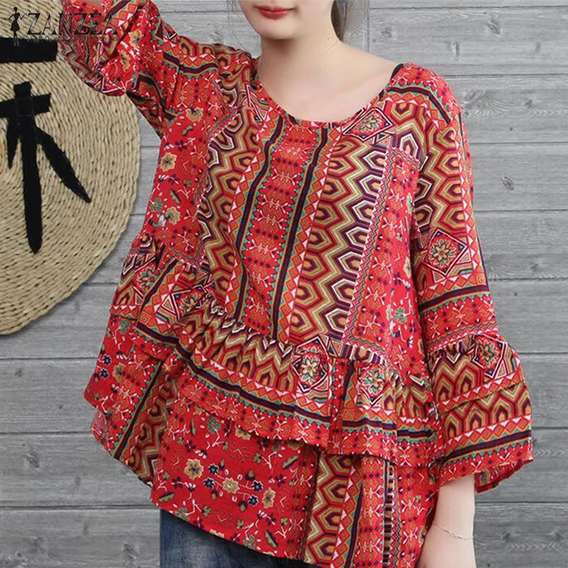 Skup 2018 ZANZEA Summer Floral Print Bluzka Kobiety W Stylu Vintage O Neck 3 4 Rękaw Luźna Strona Pościel Bawełniana Koszula Ruffles Top Plus rozmiar