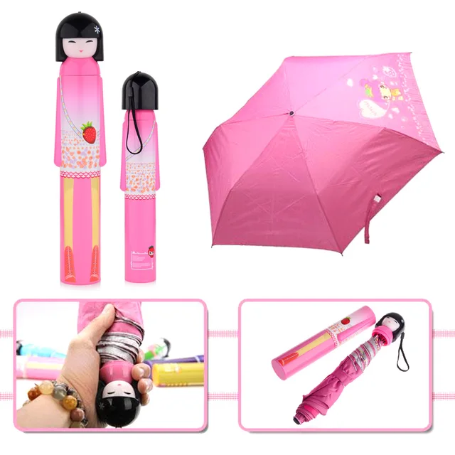 Novelty Kokeshi Doll Folding Umbrella Japanese Dolls Cute Bottle Folding Kimono Girl Traditional