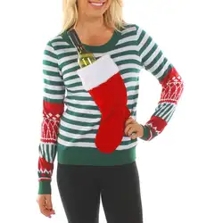 Рождественские носки патч полосатый джемпер с длинными рукавами Для Женщин Повседневный пуловер Толстовка Топ