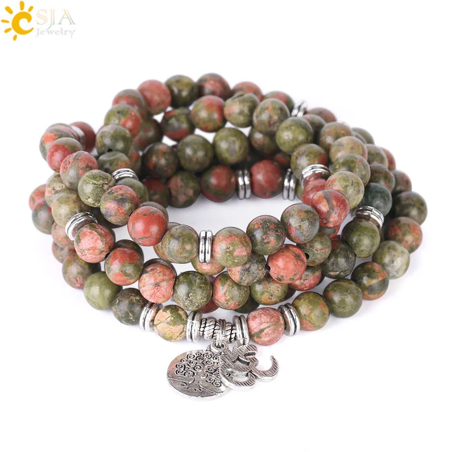 

CSJA Natural Unakite Gem Stone Multilayer Bracelets 108 Prayer Mala Beads Reiki Meditation OM Tree of Life 2018 Wrap Bangle F410