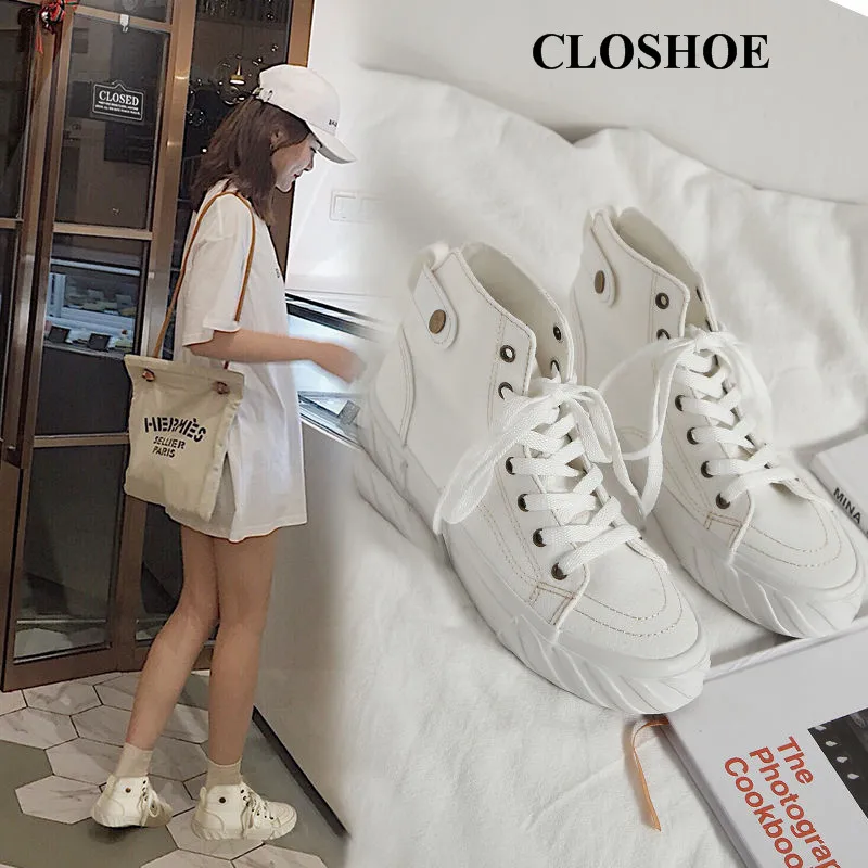 

CLOSHOE Canvas Shoe High Upper Shoe Schoolgirl Goes All Out Flat Board Shoe Recreational Shoe Small White Shoe