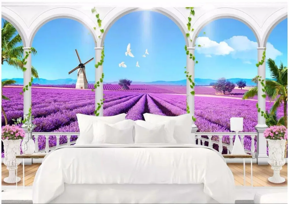 

Custom photo 3d wall paper Roman column lavender field TV background wall Home improvement living room wallpaper for walls 3 d