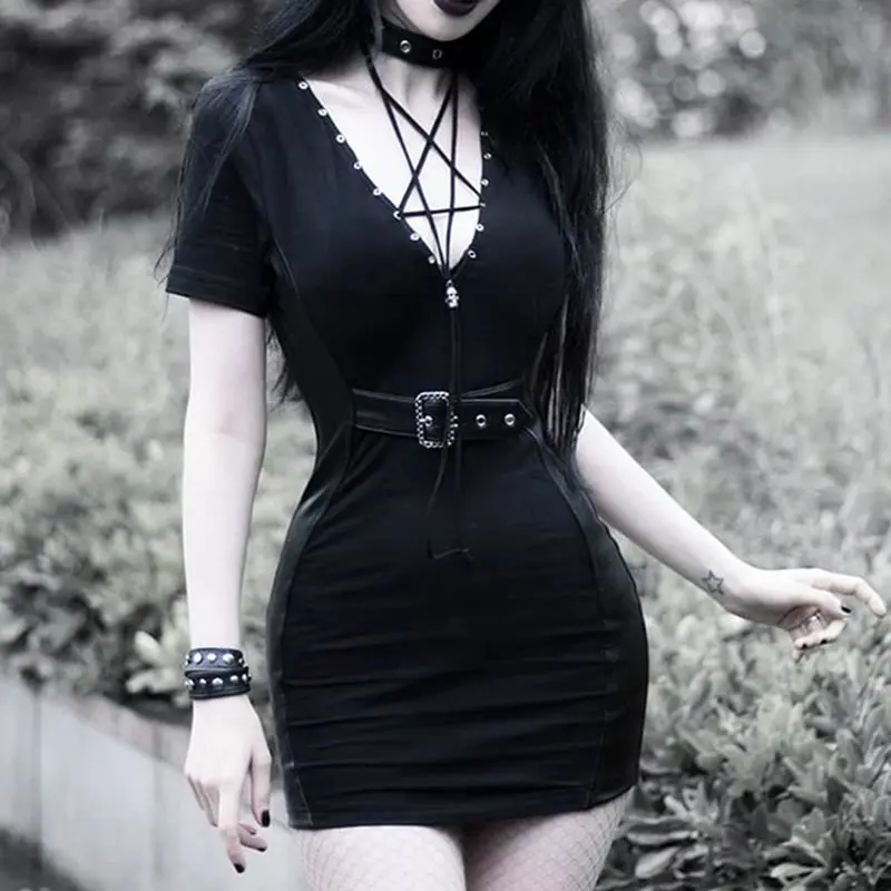 

Halter Bodycon Dress Women Mini Gothic Pentagram Hollow Patchwork PU Leather Punk Fashion Girl Sexy Summer Knitted Short Dresses