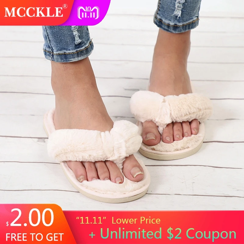 

MCCKLE Women Slippers Casual Flat Plush Flip Flops Plus Size Female Faux Fur Slip On Home Slipper Ladies Leisure Flats Footwear