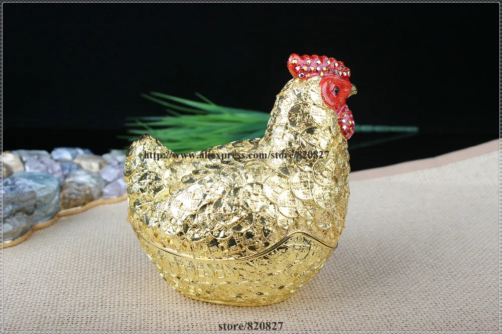 Good Luck and Godd Fortune Bring Rooster Chicken Statue Trinket Jewelry Box Fengshui Chicken Jewelry Box with Coins Covered