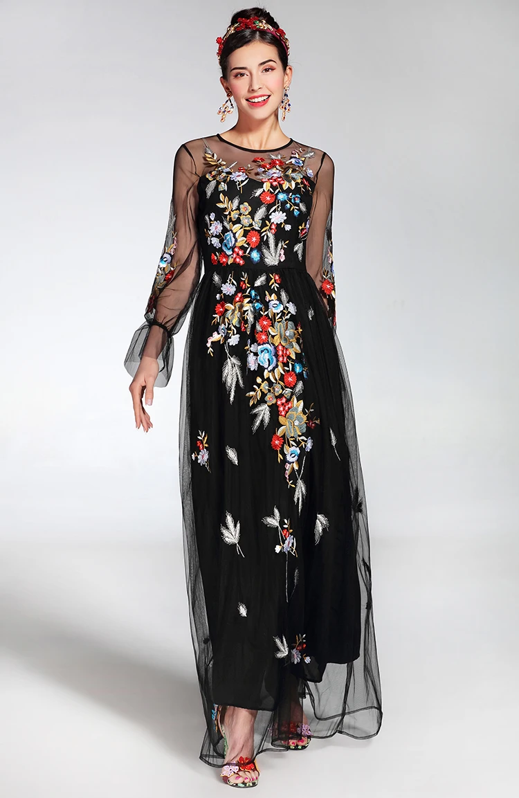 Женское платье с цветочной вышивкой, летнее длинное платье с длинными рукавами, тюлевое платье черного цвета