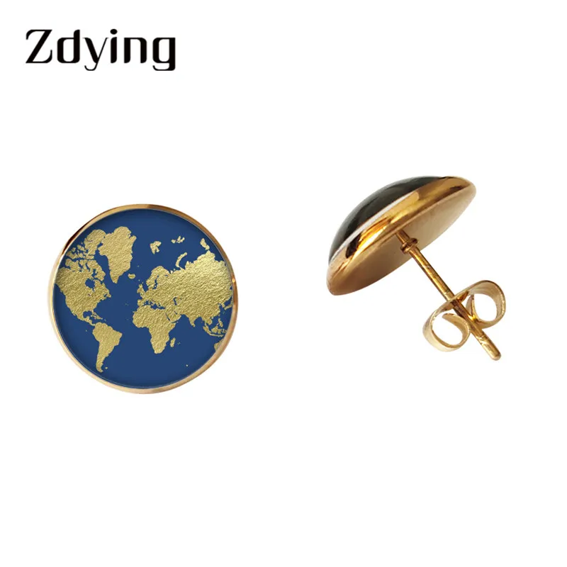ZDYING карта мира Земли серьги гвоздики картина под стеклом кабошон серьга серьги для женщин мужчин модные ювелирные изделия WP006