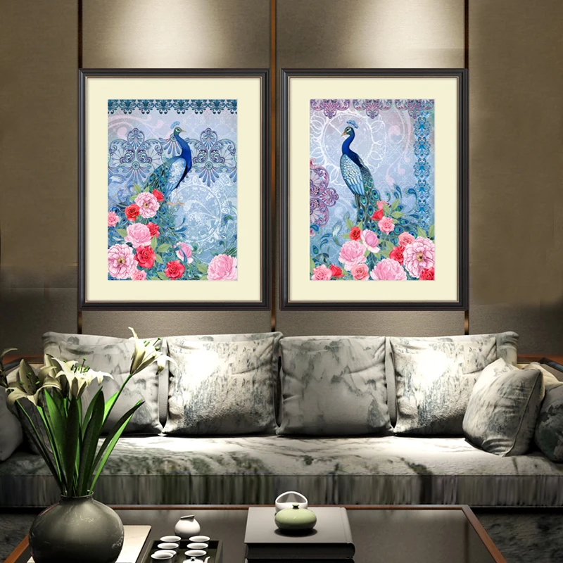 New 2 Pieces Modern Wall Art Abstract peacock with Acrylic glass frame
