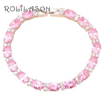 

ROLILASON Glittering Pink Crystal Zircon delicate bracelets for women Silver plated Health Fashion jewelry TB458