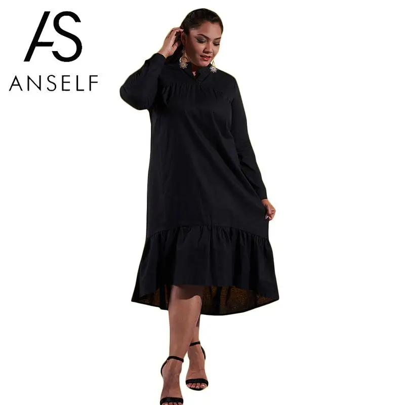 

Women Plus Size Shift Dress Ruffles High Low Hem Stand Collar Buttons Casual Midi Dress 3XL 4XL Oversized robe female Long Gowns