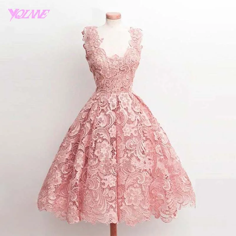 Blush Pink YQLNNE Румяна Розовый кружево выходные платья без рукавов чай Длина женское вечернее платье vestido de festa - Цвет: Blush Pink