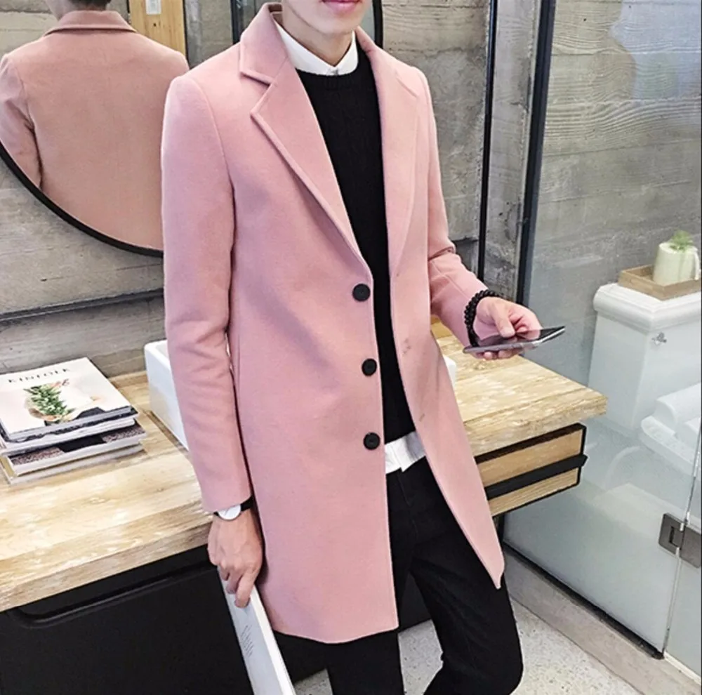 Men Woolen Long Coat Trench Coat Winter Slim Fit Black Green Vintage Khaki