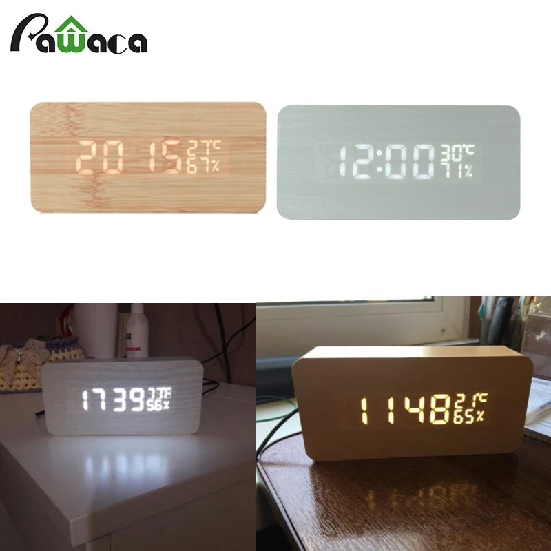 Wood LED Alarm Clock Sounds Control Temperature Calendar LED Display Electronic Desktop Digital Table Clock For Home Decoration