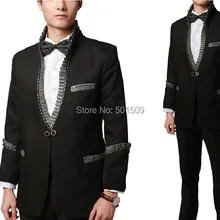 Мужской черный/белый горный хрусталь бисером Вентилятор Воротник оборки смокинг куртка и брюки Костюмы Набор представление/костюм на выход