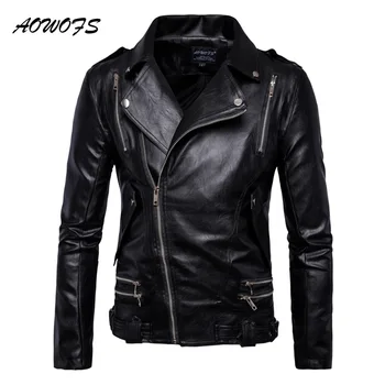 

AOWOFS 2017 Mens Leather Jackets Spring Autumn Quality PU Leather Motorcycle Jacket Men Sash Zipper Turn Down Collar China Coats