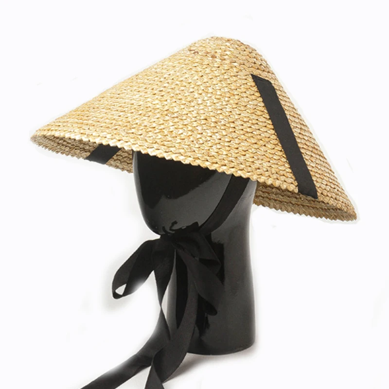 

Women Sun Hat Natural Wheat Straw Hand-woven Craft Sun Helmet Female Straw Chapeau Bamboo hat Large Brim SpikedConical shape Cap