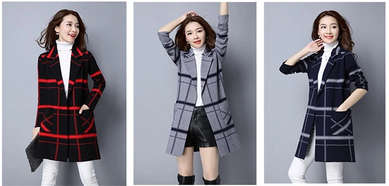 Женский вязаный кардиган, пальто, модный свитер, пальто в клетку, средней длины, вязаный свитер, свободный, большой размер, повседневные топы YAGENZ K355