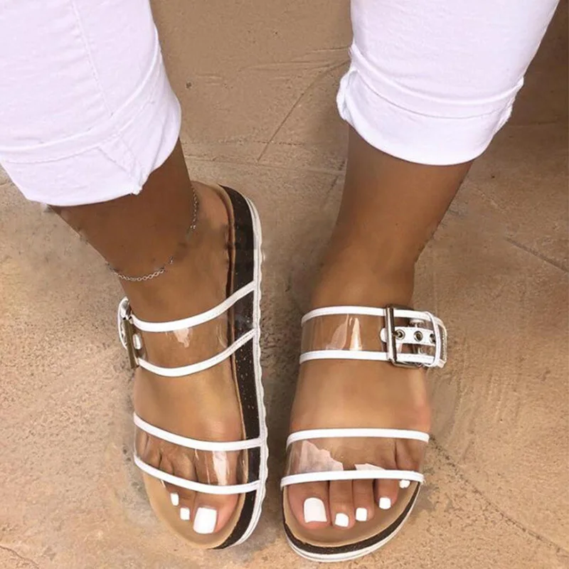 2019 New Women Slippers Summer Flat Transparent Jelly Slides Open Toe Buckle Strap Flip Flops Female Outdoor Slip On Beach Shoes