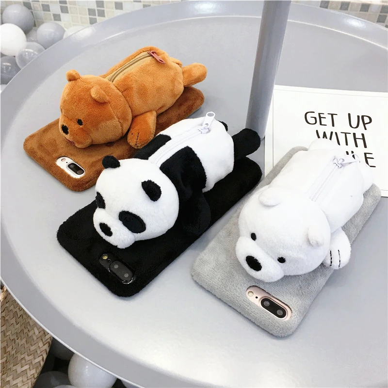 

Polar Bear National Treasure Bear Plush Doll Zip Wallet Change Fluffy Phone Case for Apple iPhone