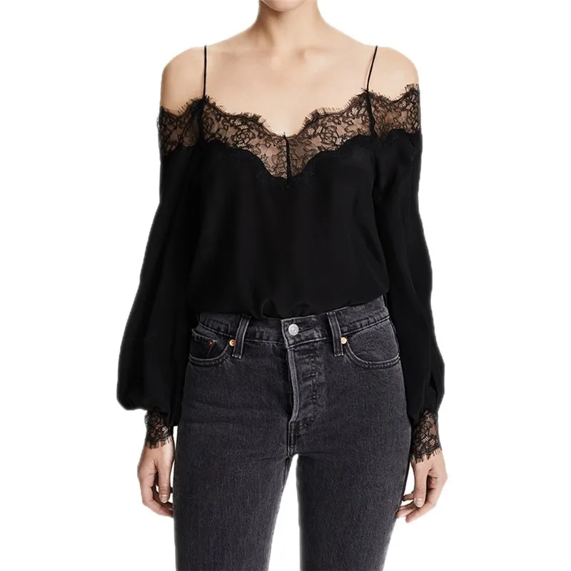 

Spring Western Style Fashion Patchwork Lace Long Sleeve SML XL XXL Slash Neck Spaghetti Strap Woman Casual Shirt Lady Blouses