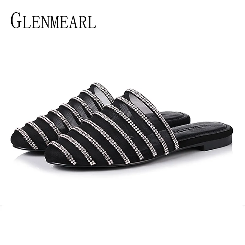flat mules with rhinestones
