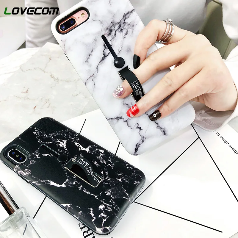 

LOVECOM Phone Cases For iPhone XS Max XR XS 6 6S 7 8 Plus X White & Black Emboss Marble Ring Holder Soft Phone Back Cover Cases