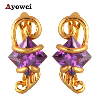 

Pretty Gift for Girls Crystal Earring Square Design Gold tone Purple Fashion Jewelry Clip Earrings JES1083A