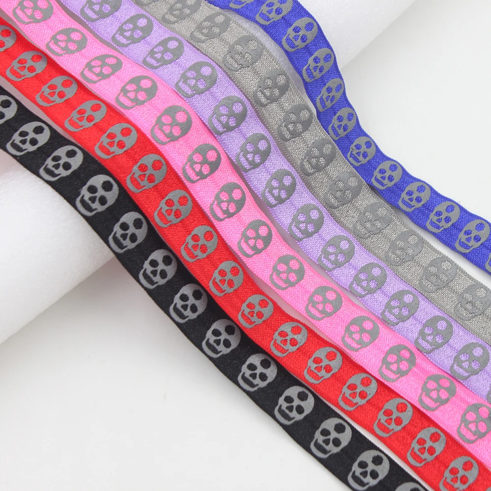 

[IuBuFiGo] Fashion 5/8"(16mm) Elastic Skull Reflective Ribbon Grosgrain Check Tape For Hairbow 50yard/lot