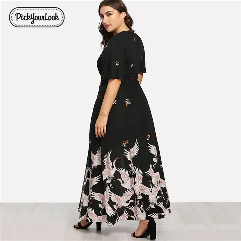 Pickyourlook женское платье большого размера с коротким рукавом, летние элегантные большие женские макси платья, китайские винтажные платья с v-образным вырезом, Femme VestidosD40