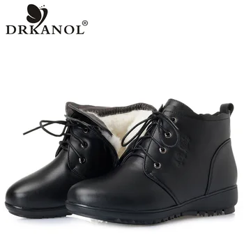 

DRKANOL Fashion Genuine Leather Natural Wool Ankle Boots For Women Winter Warm Snow Boots Low Wedge Lace Up Women Warm Fur Shoes