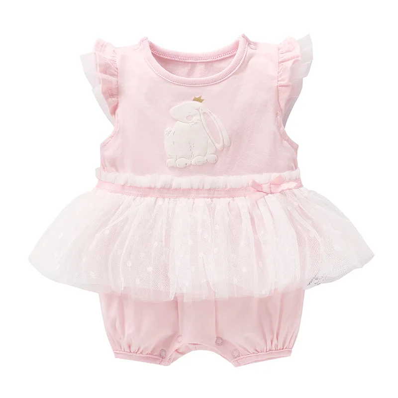 

2019 Summer New Baby Girls Jumpsuit Pink Cotton O-neck Small Flying Sleeve Sweet Cute Rabbit Pattern Mesh Baby Girls Rompers