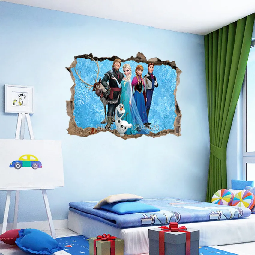 Креативные настенные художественные плакаты Принцесса Эльза Анна снеговик Олаф 3d Виниловые наклейки детская комната украшения девушки мультфильм обои 90*60 см
