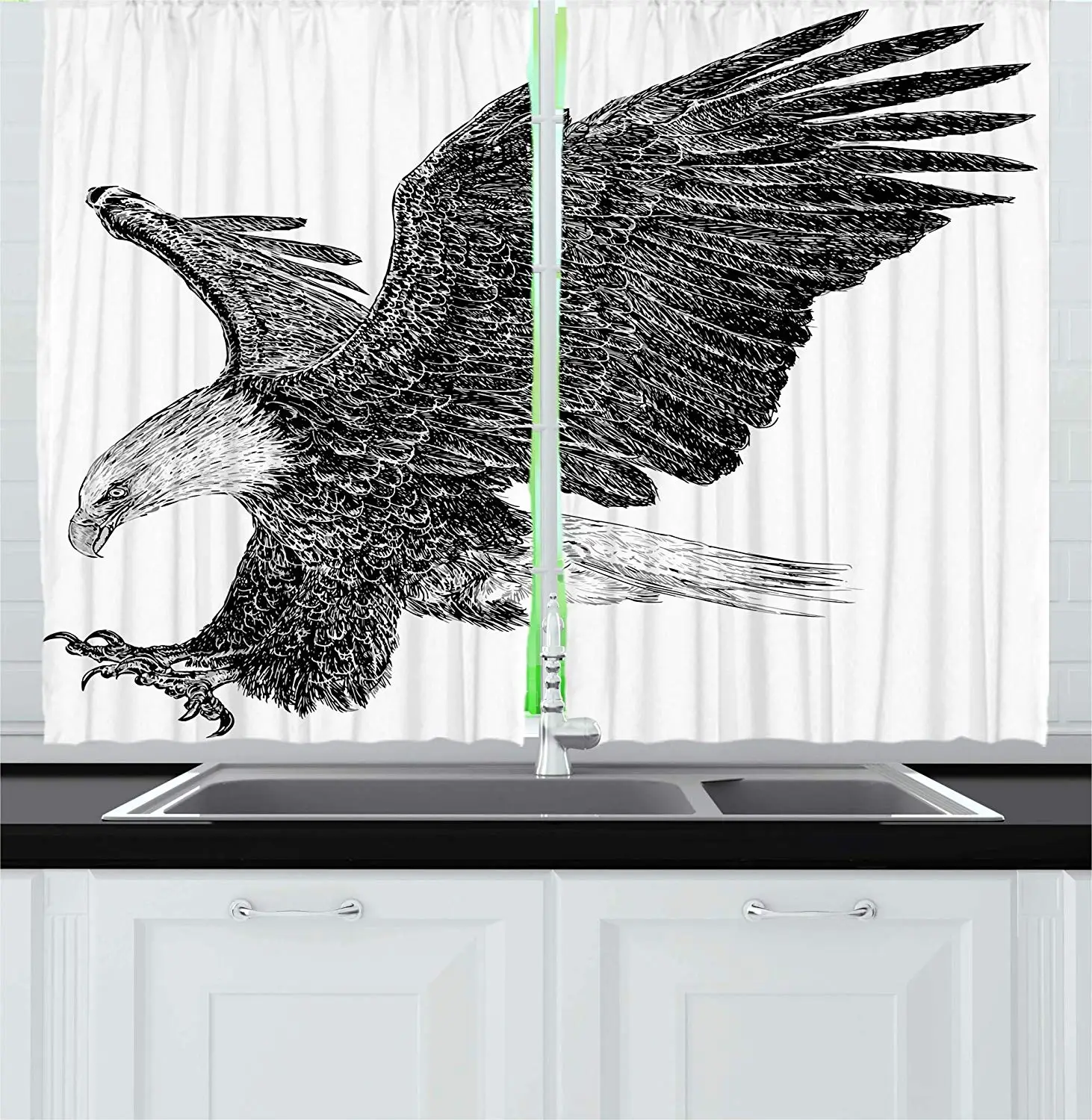 

Animal Curtains Bald Eagle Swoop Hand Drawn Sketchy Figure Flying Hunter Wildness Artwork Window Drapes for Living Room Bedroom