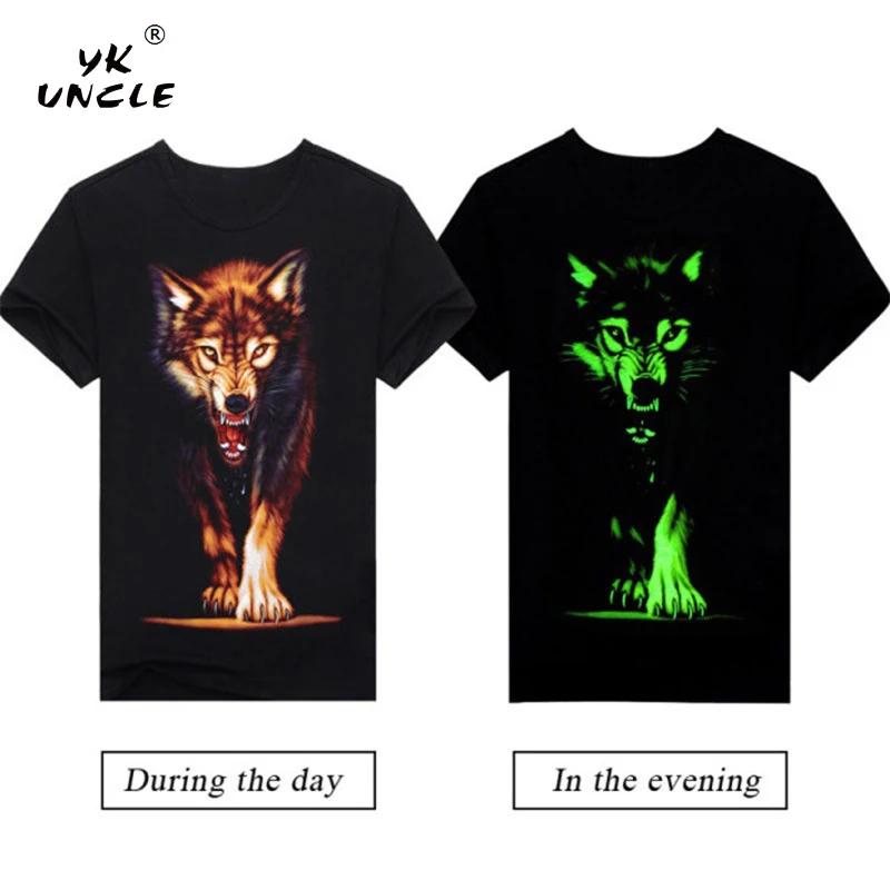 YK UNCLE забавная флуоресцентная футболка для мужчин животных Волк 3D узор Светящиеся в темноте с короткими рукавами футболки Светящиеся в темноте черные топы