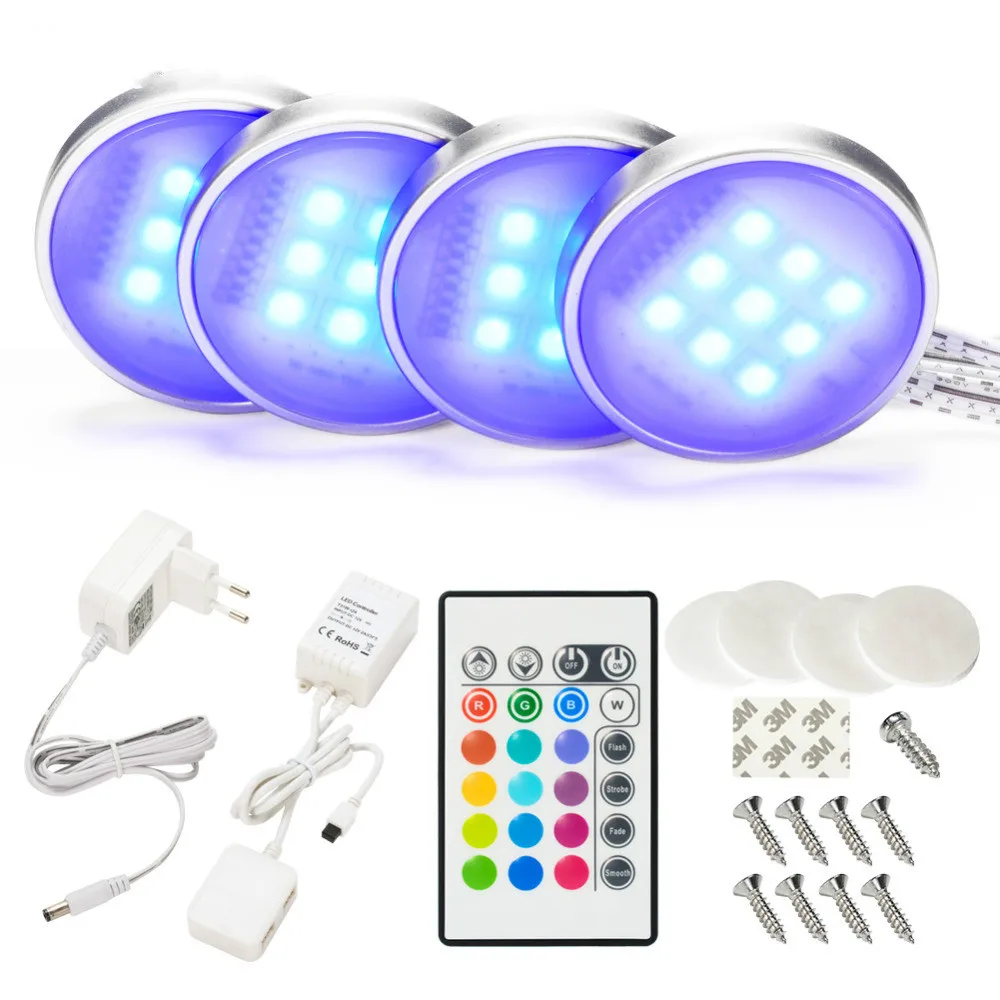 

Anyikue LED Puck Lights Remote Dimmable RGB LED Under Cabinet Light Downlight Spotlights for Home Kitchen Counter Closet Light
