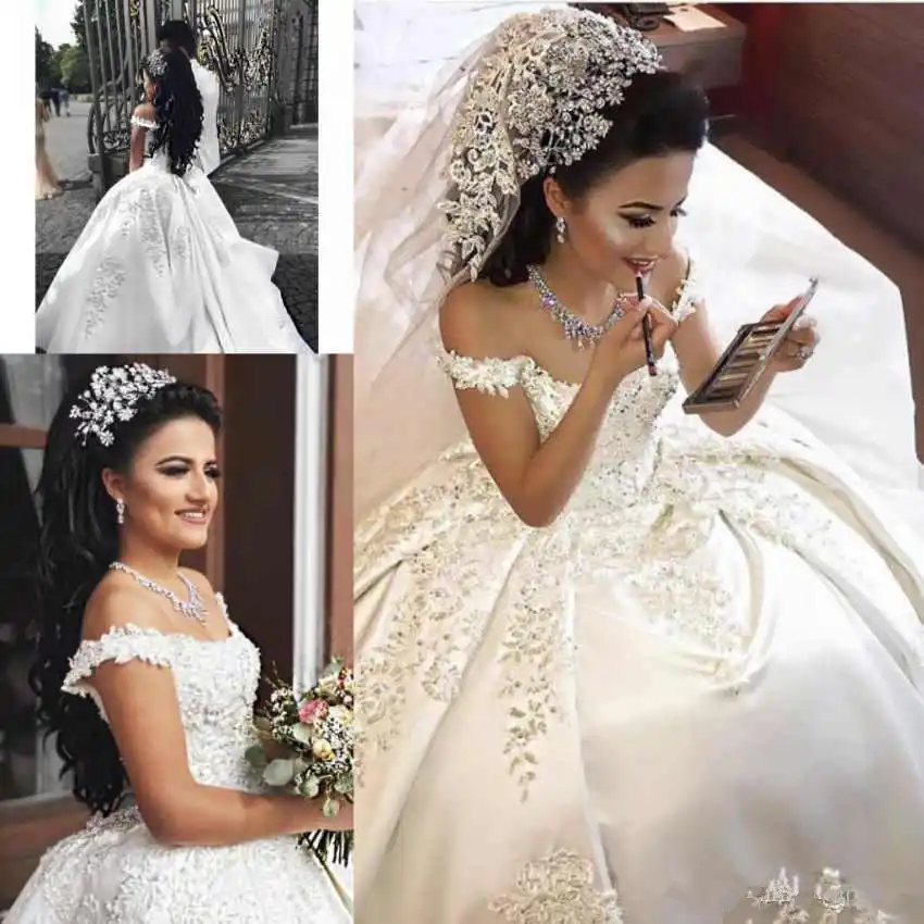2019 Luxury Arabic Ball Gown Wedding Dresses Satin Off Shoulder
