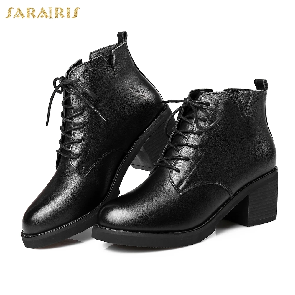 

SARAIRIS New Hot sale chunky Heels Genuine cow Leather Boots Women Shoes lace up leisure Shoes Ankle Boots