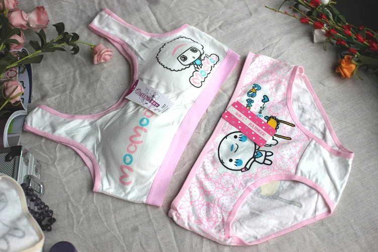 8 15Y Girl Student Puberty Bra Teenage Vest Underpants Wire Free Cute Girl Underclothes Cotton Print Child Underwear Suit