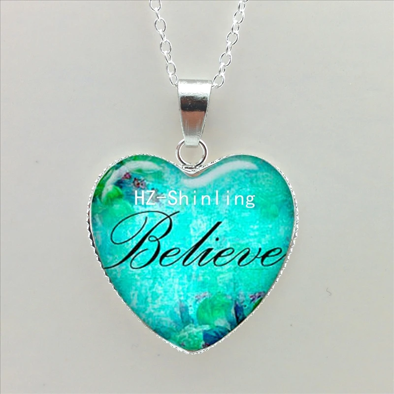 New Faith Believe Hope Heart Necklace Word Believe Pendant Religious