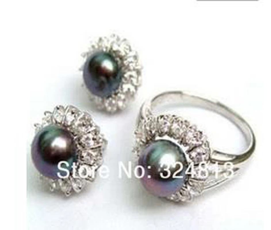

New Noblest Silver black akoya pearl Ring+Earring #2345
