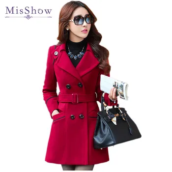 

MisShow Winter Coat Women Solid Double Breasted Coats Long Slim Outerwear With Belt Casual Overcoats Wool Blends