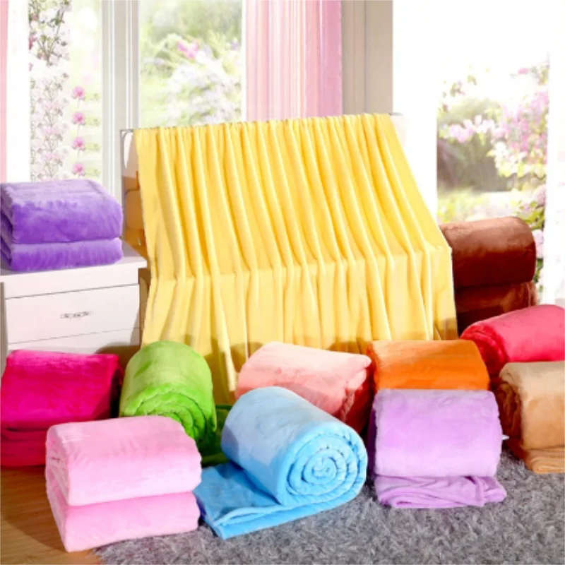 Solid Color Flannel Coral Fleece Blanket Super Soft Plaid Coverlet