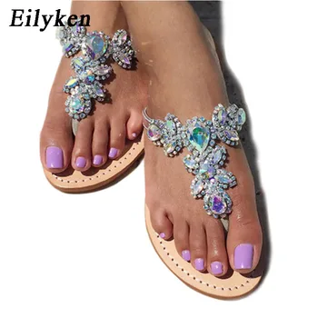 

Eilyken 2020 New Leisure Woman Sandals Slippers Shoes Rhine stones Crystal Chains Gladiator Flat Sandals Plus Size 35-43