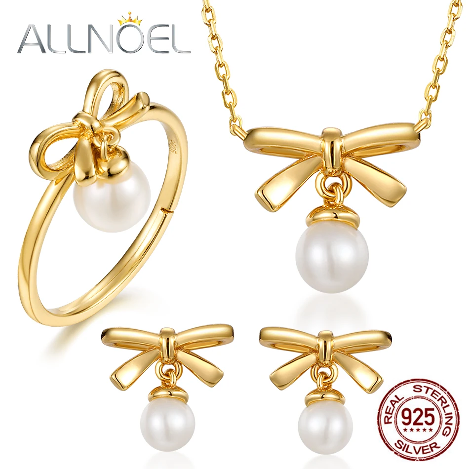 ALLNOEL 2019 Pearl Jewelry Set 925 Sterling Silver Fine Butterfly Ribbon Knot Bow Necklace Stud Earrings Ring For Women | Украшения и