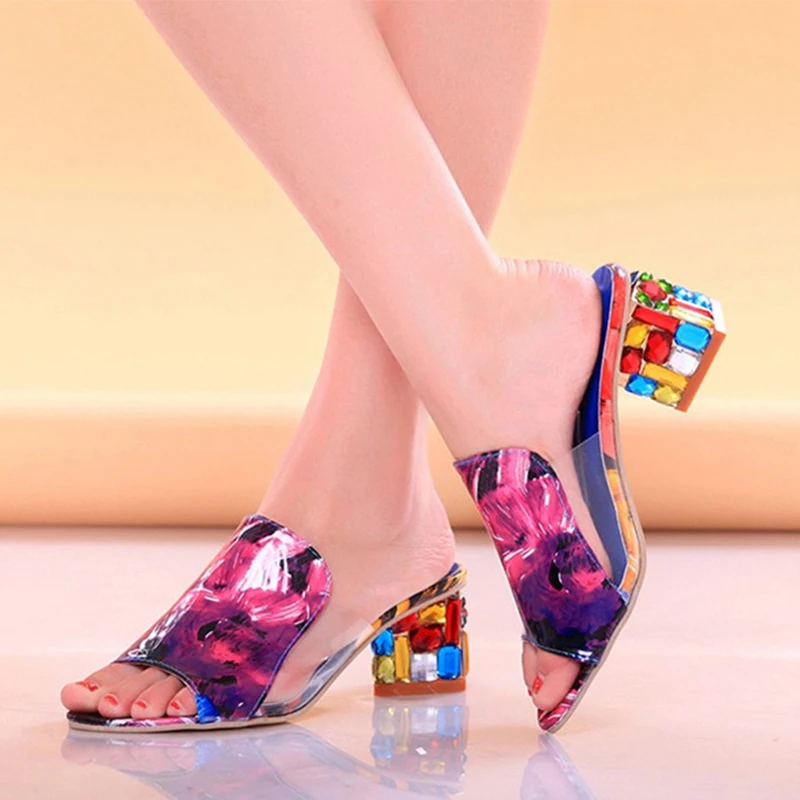 Lucyever 여성 패션 컬러 라인 석 하이힐 샌들 슬리퍼 섹시한 발가락 발가락 혼합 색상 파티 비치 플립 퍼브 여자