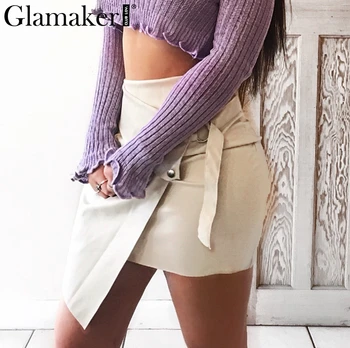 

Glamaker Leather sexy white skirt Party club asymmetric high waist sash women skirt Female summer irregular mini skirt bottoms