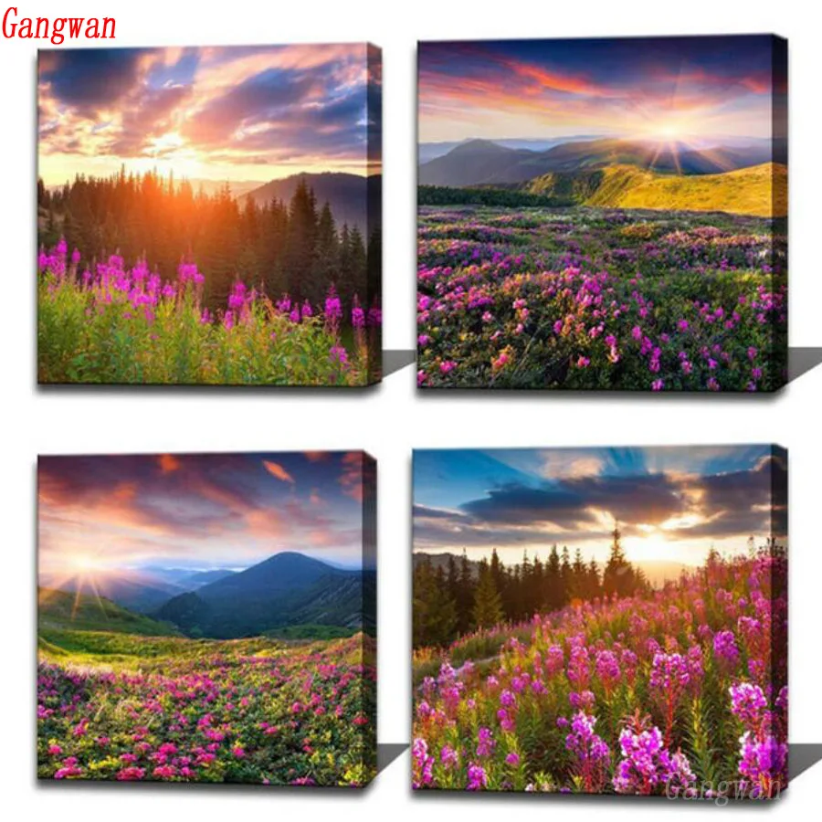 Full square round diamond embroidery Purple Flowers Provence diamond painting cross stitch kits diamond mosaic 4 pcs picture decor