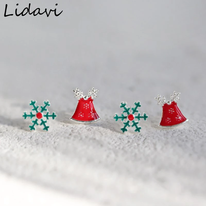 

Lidavi 925 Sterling Silver Bell Snowflake Stud Earrings Exquisite Red Earrings For Women Wedding Jewellry Christmas Gifts Bijoux