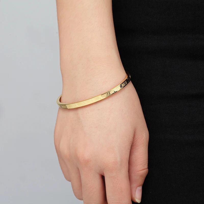 Bangle Bracelet 4mm Wide Stainless Steel Carving Roman Numerals Woman For Gifts